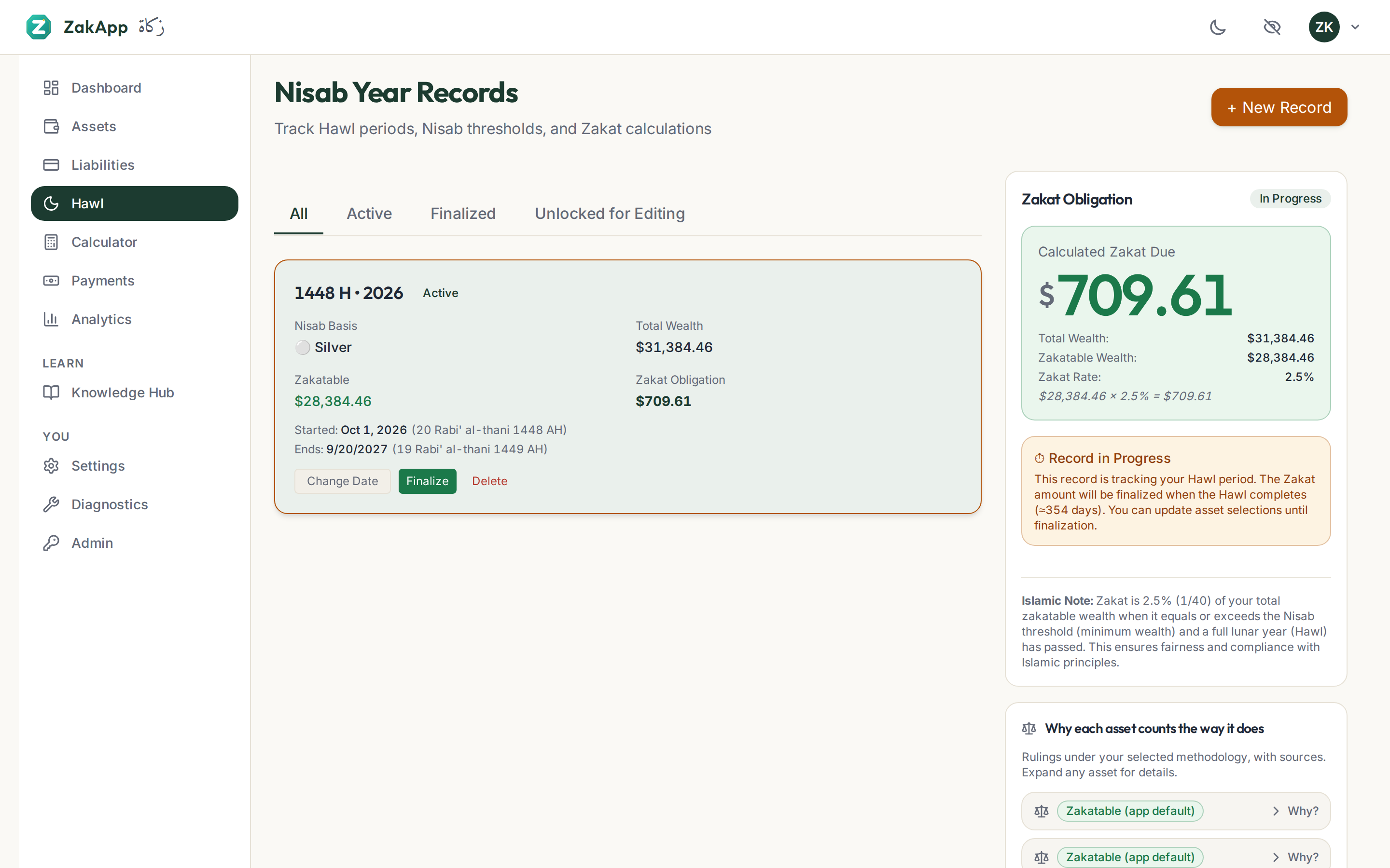The ZakApp hawl records screen showing an active lunar year, nisab basis, total wealth, zakatable wealth, and the zakat obligation.